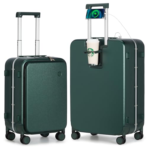 mixi 2-Piece Luggage Sets with Cup Phone Holder and Charger Hard Shell Suitcases with Spinner Wheels, 20+26 Inch Blackish Green - color: Blackish green, size: 2-Piece Set (20/26)