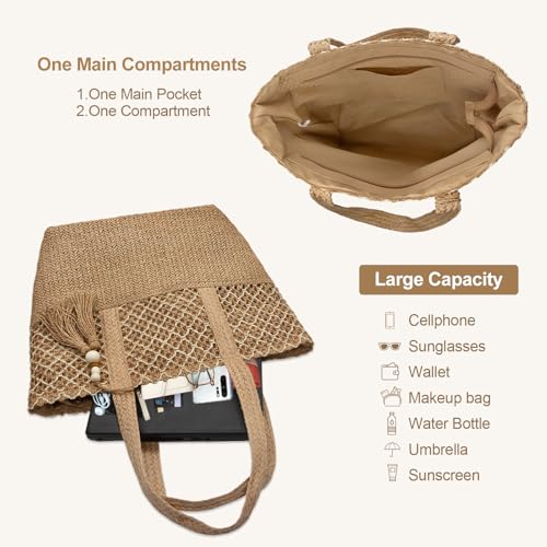 YAMEIZE Straw Woven Beach Shoulder Bags for Women Big Foldable Straw Tote bag Lightweight Raffia Bag with Zipper Summer - color: Beige