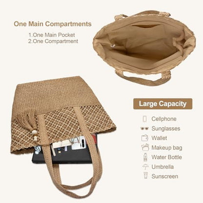 YAMEIZE Straw Woven Beach Shoulder Bags for Women Big Foldable Straw Tote bag Lightweight Raffia Bag with Zipper Summer - color: Beige