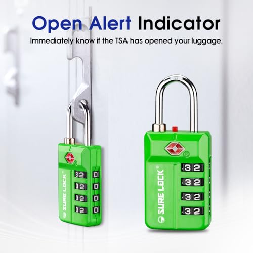 SURE LOCK TSA Approved 4-Digit Resettable Combination Luggage Lock with Open Alert, Easy-Read Dials - for Luggage, School Lockers, Gym, Office, Toolbox & Security Cases(Green 1 Pack) - color: Green