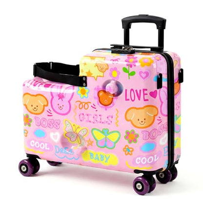 20" Kids Ride On Suitcase, Lightweight Hardshell Travel Luggage with Wheels - color: Candy Garden Pink