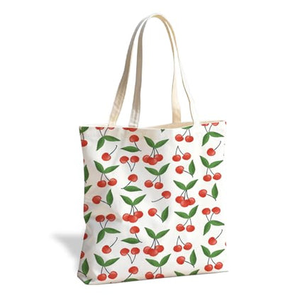 Fruit Canvas Tote Bag, Reusable Cute Shoulder Bag for Shopping Travel - color: Cherry