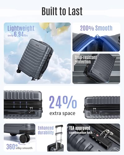 LIGHT FLIGHT Expandable 20" Carry On Luggage 22x14x9, TSA Lock, Gray - color: Gray