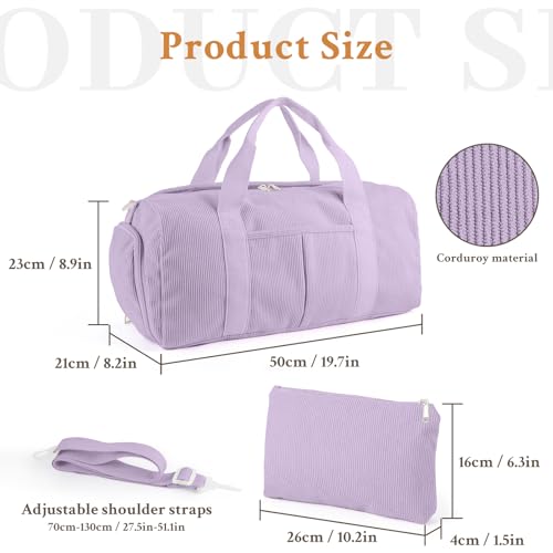 코듀로이 소녀, 어린이 및 청소년을 위한 더플 백, 신발 수납 공간이 있는 귀여운 댄스 및 체육관 가방, 30L 위켄더 여행 및 오버나이트 백, 메이크업 가방 포함, 퍼플., 여아용 더플백 - color: 퍼플.