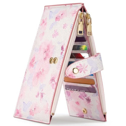 Travelambo Womens Leather Bifold Wallet, Slim RFID Blocking Card Holder - color: Pink Flower