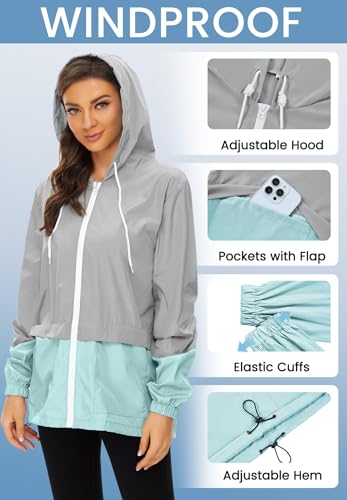 Zando Lightweight Rain Jacket Women Packable Waterproof Raincoat with Hood - color: Gray-blue, size: XX-Large