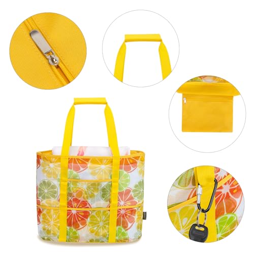KABAQOO Mesh Beach Bag, Extra Large Beach Bags with 9 Pockets & Zipper Waterproof Lightweight Beach Tote for Beach/Pool Trip - color: Lemon, size: X-Large
