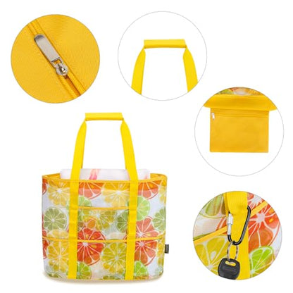 KABAQOO Mesh Beach Bag, Extra Large Beach Bags with 9 Pockets & Zipper Waterproof Lightweight Beach Tote for Beach/Pool Trip - color: Lemon, size: X-Large