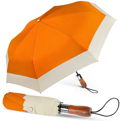 Large Golf Umbrella 54 Inch Compact Folding Auto Close Wood Handle Rain - color: Orange
