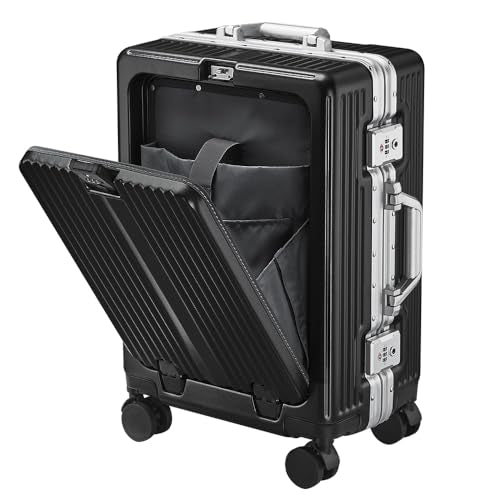 24 Inch Aluminum Frame Luggage with Front Pocket, Black - color: Black, size: 24 Inch