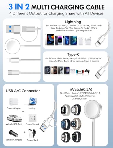 2Pack Travel Essentials for Apple Watch Charger,3-in-2 Multi Charging Cable - color: White, size: 2Pack-6 FT