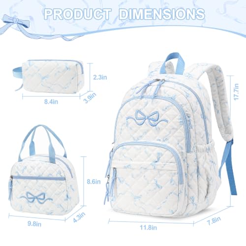 DIGOBAY Quilted Backpack for Girls, Girls Backpack w/Lunch Box Pencil Case - color: Blue Bow