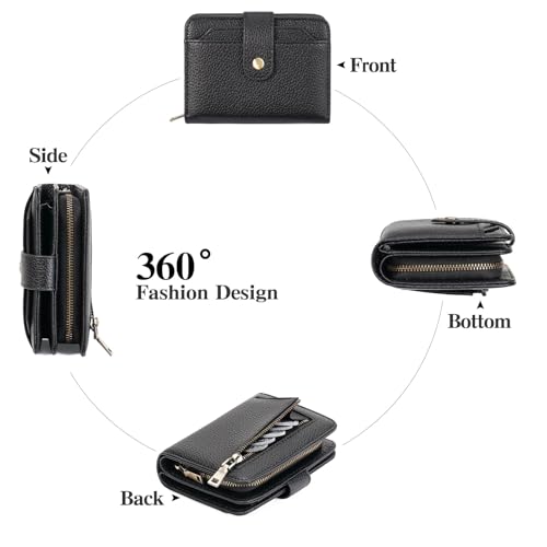 GAEKEAO Small Leather Credit Card Holder Wallets for Women RFID Blocking Bifold Wallet Zipper Pocket with Removable ID Window - color: Y-Black-Small
