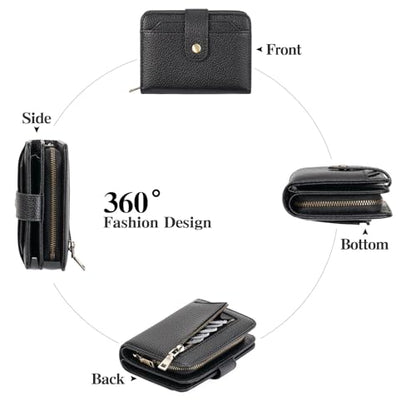 GAEKEAO Small Leather Credit Card Holder Wallets for Women RFID Blocking Bifold Wallet Zipper Pocket with Removable ID Window - color: Y-Black-Small