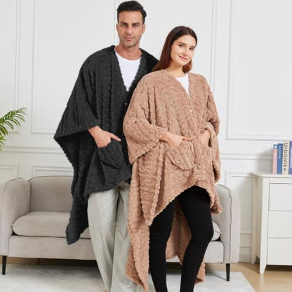 Wearable Blanket Poncho Cape Wrap for Adult, Cozy Sherpa Fleece Pocketed Shawl TV Throw Blankets for Office and Lounge,Black - color: Black