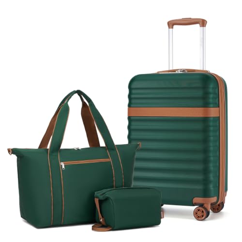 Kono 3-Piece Set 20in Expandable Carry-On Hardshell TSA Lock Green - color: Green/Brown, size: Carry-on travel set (db/tb/20")