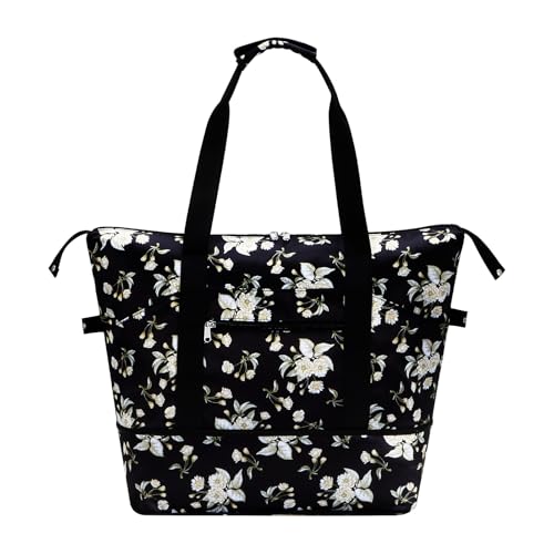 Expandable Duffel Bag for Women with Trolley Sleeve/Wet Pocket Weekender Travel Tote Large Carry On Overnight Luggage - color: Beige Flower