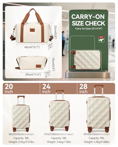 Somago Luggage Sets 5 Piece Hardside 20"/24"/28" with Duffle Toiletry Pouch - color: Beige, size: 5 Piece Set