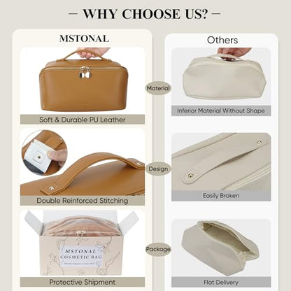 Travel Makeup Bag, Open Flat Cosmetic Bag for Women, Medium Brown - color: Brown, size: Medium
