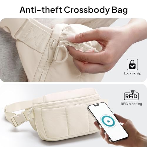 TOPEAST Waist Pack 3.5L Fanny Packs with Water Bottle Holder, Large Capacity Travel Belt Purse Anti-Theft RFID Blocking, Beige Fluffy Crossbody Sling Bag for Hiking Walking - color: Beige