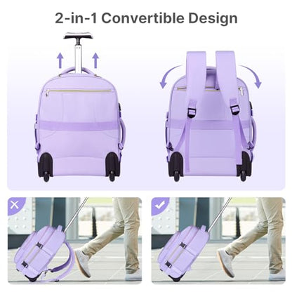 DEVPNR Rolling Backpack for Women, Travel Backpack with Wheels, TaroPurple - color: Taro Purple