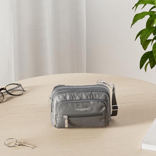 Baggallini Triple Zip Small Crossbody Bag for Women - Lightweight Convertible Fanny Pack Belt Bag - color: Charcoal, style: Slim Strap