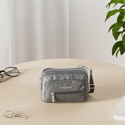 Baggallini Triple Zip Small Crossbody Bag for Women - Lightweight Convertible Fanny Pack Belt Bag - color: Charcoal, style: Slim Strap