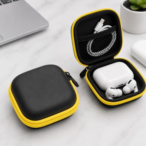 Compact Zipper EVA Earbud Protective Container, Shock Resistant Carry Case for Bluetooth Headphones, Charging Cables and Small Electronic Gadgets，Square yellow - color: Square yellow