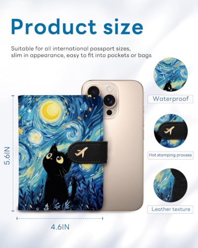 RFID Passport Holder with Tracker Slot, Leather Travel Wallet - color: Starry Sky Cat