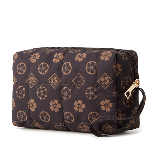 YTL Travel Makeup Bag, Puffer Cosmetic Organizer Bags, Women Toiletry Case - color: Coffee Flower Puffer