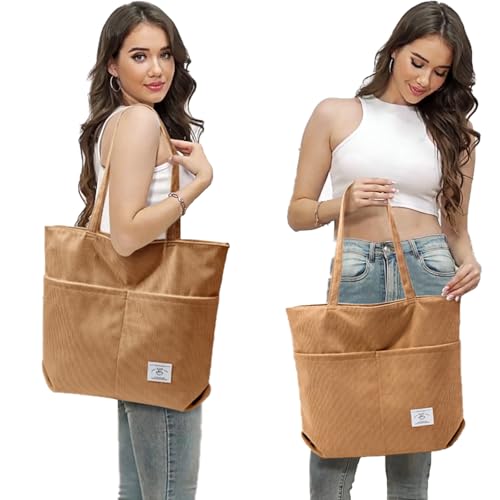 KALIDI Women Corduroy Tote Bag Zipper Casual Tote's Handbag Big Capacity Shoulder Bag with Pockets - color: D-brown