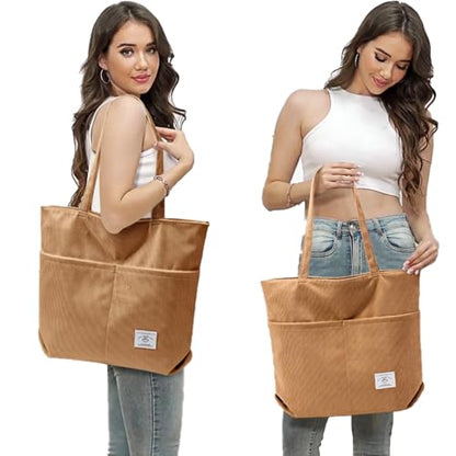 KALIDI Women Corduroy Tote Bag Zipper Casual Tote's Handbag Big Capacity Shoulder Bag with Pockets - color: D-brown