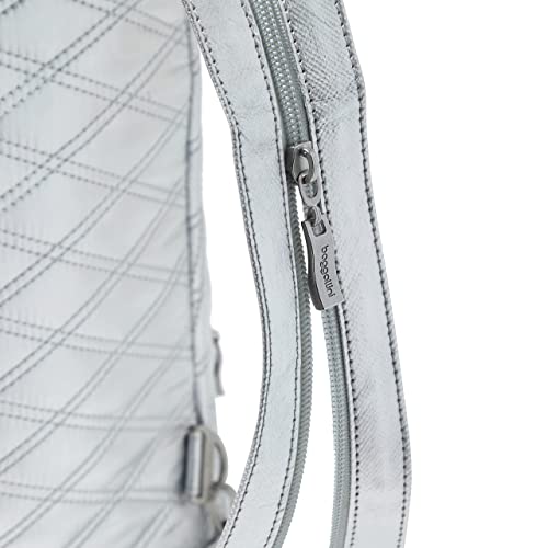Baggallini Naples Convertible Backpack - Travel Sling Crossbody - 12" Nylon Handbag w/ RFID & Padded Tablet Sleeve - color: Silver Metallic Quilt