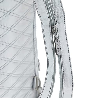 Baggallini Naples Convertible Backpack - Travel Sling Crossbody - 12" Nylon Handbag w/ RFID & Padded Tablet Sleeve - color: Silver Metallic Quilt