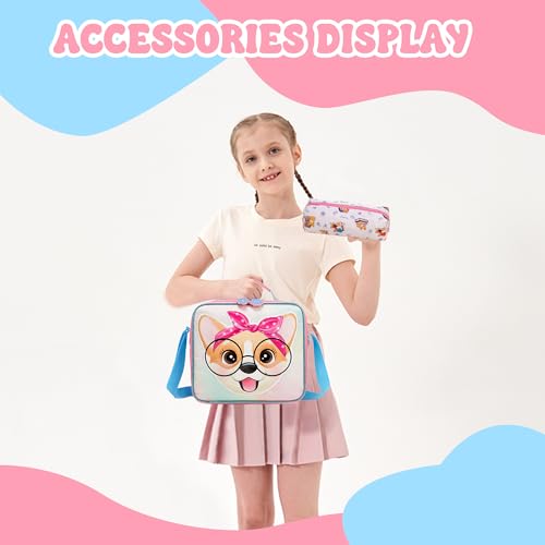 Meetbelify Girls Rolling Backpack with Wheels Kids Wheels Backpack for Girls Luggage with Lunch Box Pencil Case for Elementary Student - color: Dog