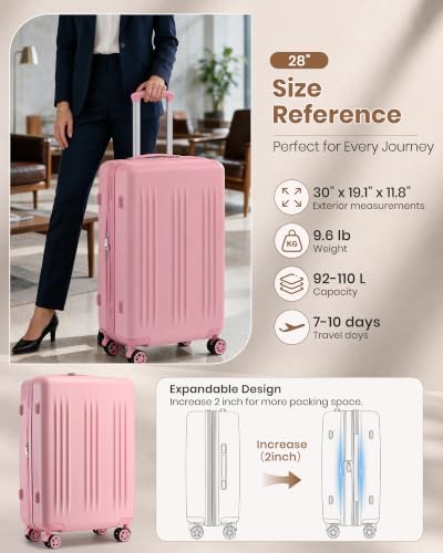 Kono 28 Inch Large Checked Luggage with Spinner Wheels Expandable TSA Lock - color: Pink, size: 28"