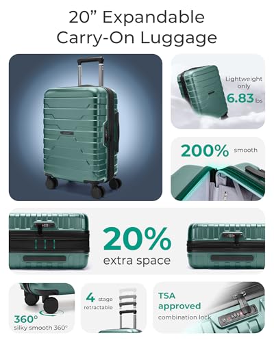 BAGSMART Carry-On Luggage 20" Expandable Spinner 22x14x9,Pine Green - color: Pine Green