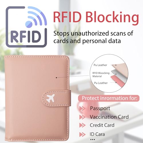 Passport Holder, Cute Travel Wallet Cover with RFID Blocking,Pink | PU leather travel wallet with magnetic closure, card slots, pen loop, and easy access for passports and essentials. - color: R-Pink