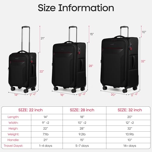 3PCS Softside Luggage Set,Upright Spinner Softshell Luggage - color: Black, size: 3-Piece Set (22 inch/28 inch/32 inch)