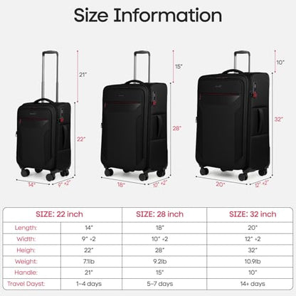 3PCS Softside Luggage Set,Upright Spinner Softshell Luggage - color: Black, size: 3-Piece Set (22 inch/28 inch/32 inch)