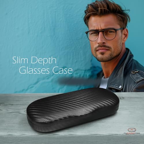 MyEyeglassCase Men's Medium Glasses Case - Classic Eyeglasses Hard Shell Holder, Elegant Easy Open Lip with Pouch and Cloth - color: As196 Carbon Black