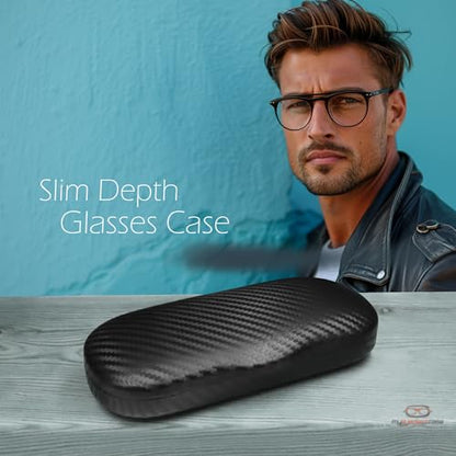 MyEyeglassCase Men's Medium Glasses Case - Classic Eyeglasses Hard Shell Holder, Elegant Easy Open Lip with Pouch and Cloth - color: As196 Carbon Black