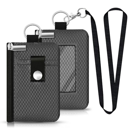 Minimalist RFID Blocking Small Wallet with ID Window,WaterResistant Zip Id Case Wallet with Lanyard Keychain for Cards,Cash,Travel,Women,Men (DarkGrey) - color: DarkGrey