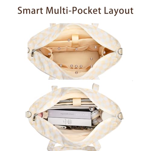 oscaurt Work Tote Bag for Women, 19 Pockets Laptop Tote, Large Teacher Tote - color: Beige Checkered