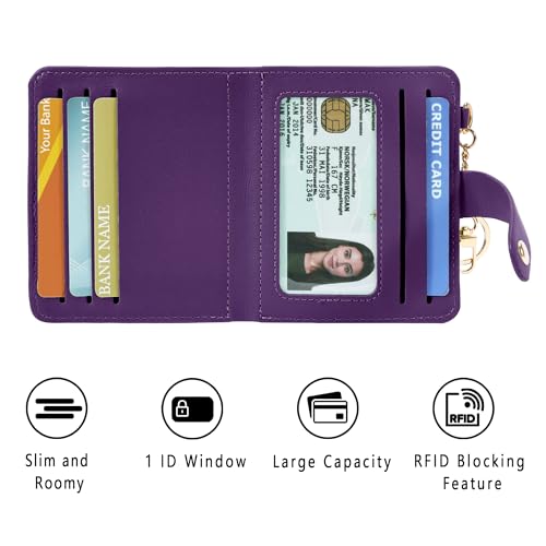 Airkit Small Wallet Women RFID, PU Leather Card Holder with Keychain - color: Purple