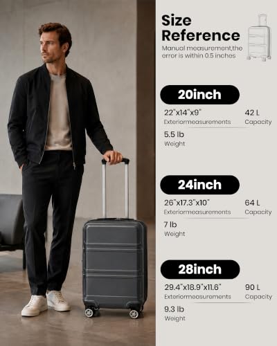 Kono 28 Inch Luggage Expandable Suitcase with Spinner Wheels TSA Lock - color: Grey, size: 28-inch Large-checked