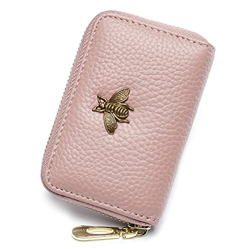 imeetu RFID Credit Card Holder, Small Card Wallet Women, Leather Card Case | Genuine Leather Women's Card & id Cases, Change Coin Purse with Zipper Keychain id Window, 20 Colors & 3 Styles, Daily, Gifts - color: Lite - Pink, size: Lite