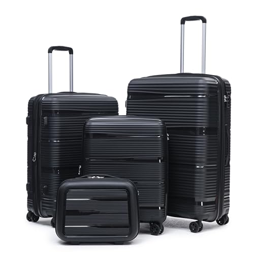 Rosamo 4 Piece PP Hardside Expandable Luggage Set - Lightweight 29/25/21/16 Inch Spinner Suitcase with TSA Lock & Telescoping Handle, Durable Travel Luggage - color: Black