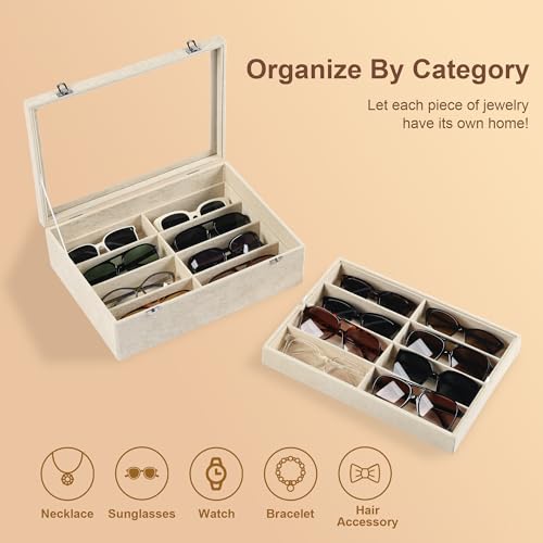 Frebeauty 16-Slot Sunglass Organizer Box,2 Layer Velvet Sunglasses Holder - color: Beige