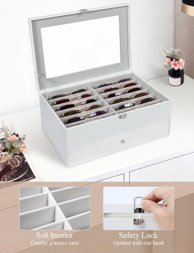 Sunglasses Storage Organizer Case with 24 Adjustable Slots, 2 Layer Multi Eyeglass Glasses Display Box with Lid Women - color: Off White,24 Slots